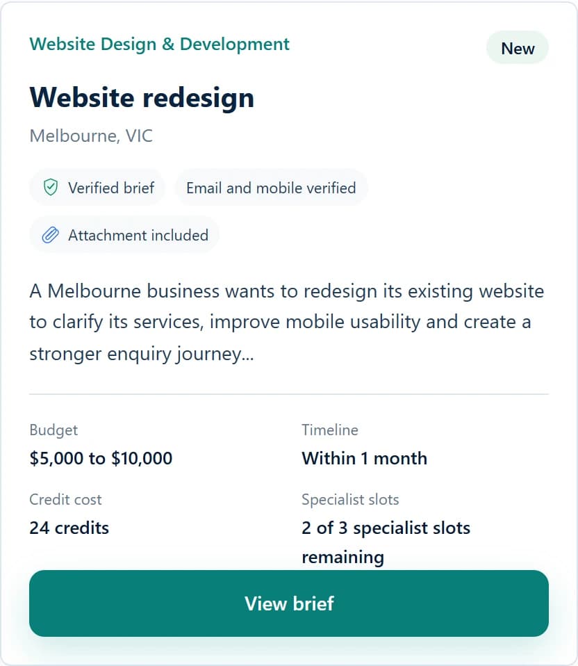 Example verified website redesign brief with its project summary, budget, timeline, credit cost and available slots