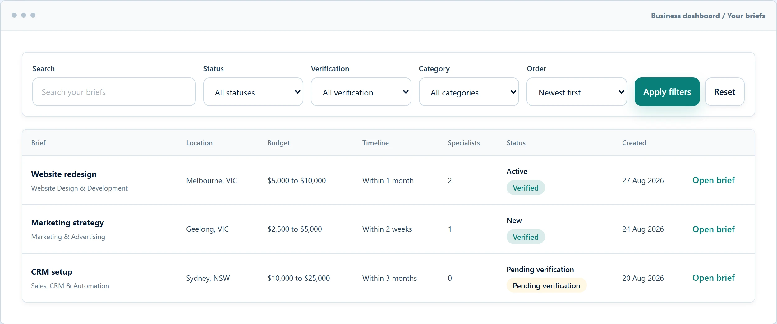 GrowthBrief business dashboard showing synthetic brief records