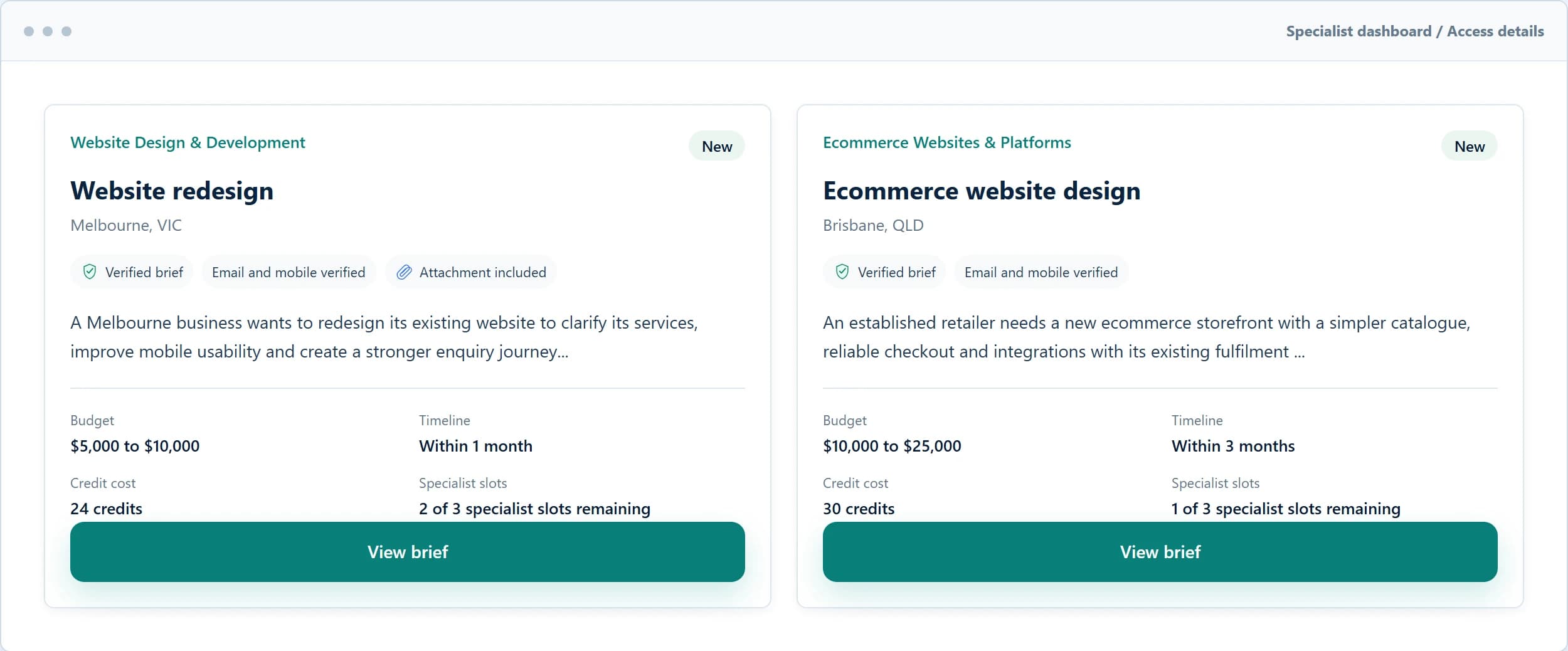 Synthetic specialist view showing brief availability and credit cost