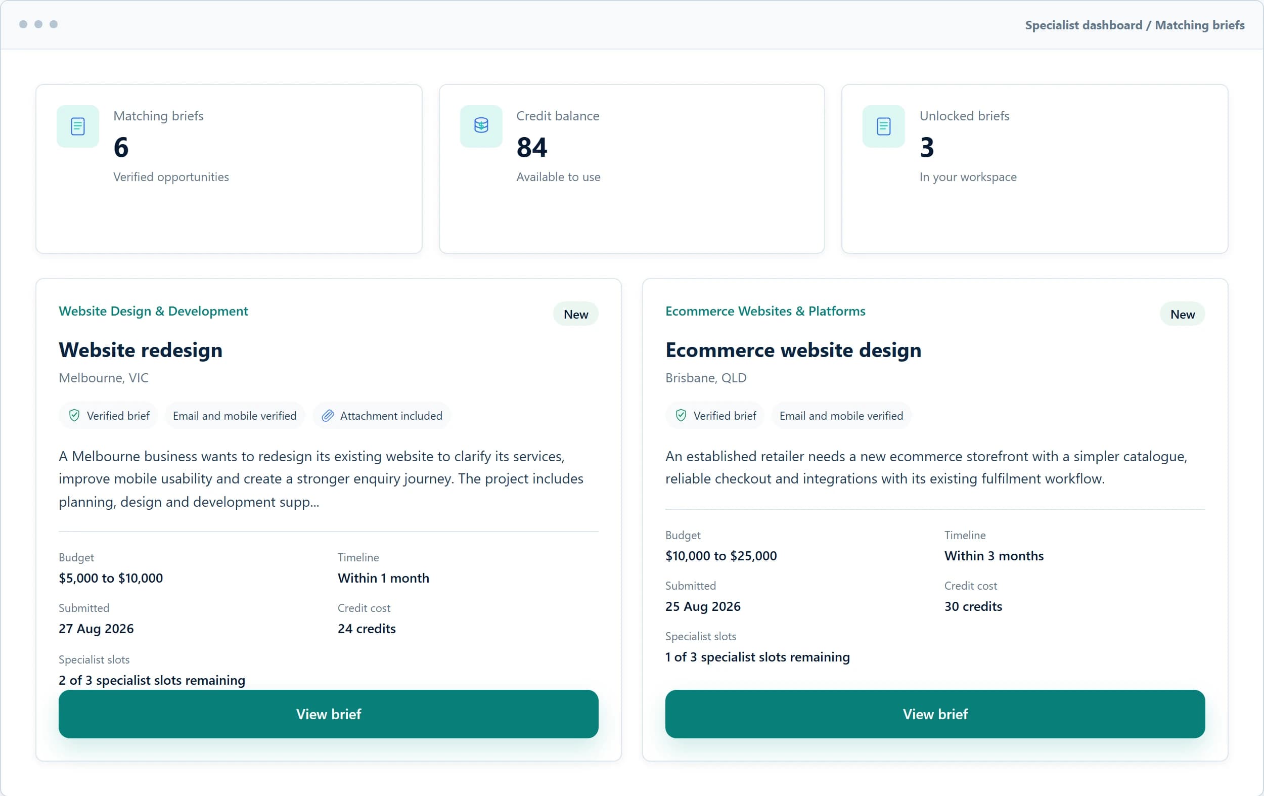 Synthetic GrowthBrief specialist dashboard with matching briefs